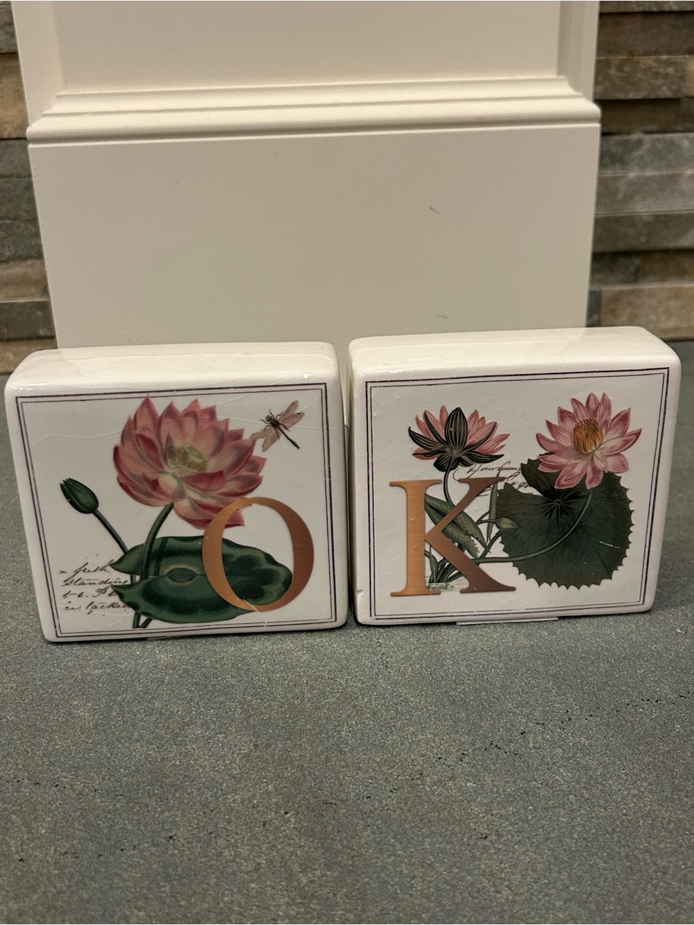 Ashland Ceramic Set of 2 Floral Monogram Letters O & K - Everything Will be O.K.